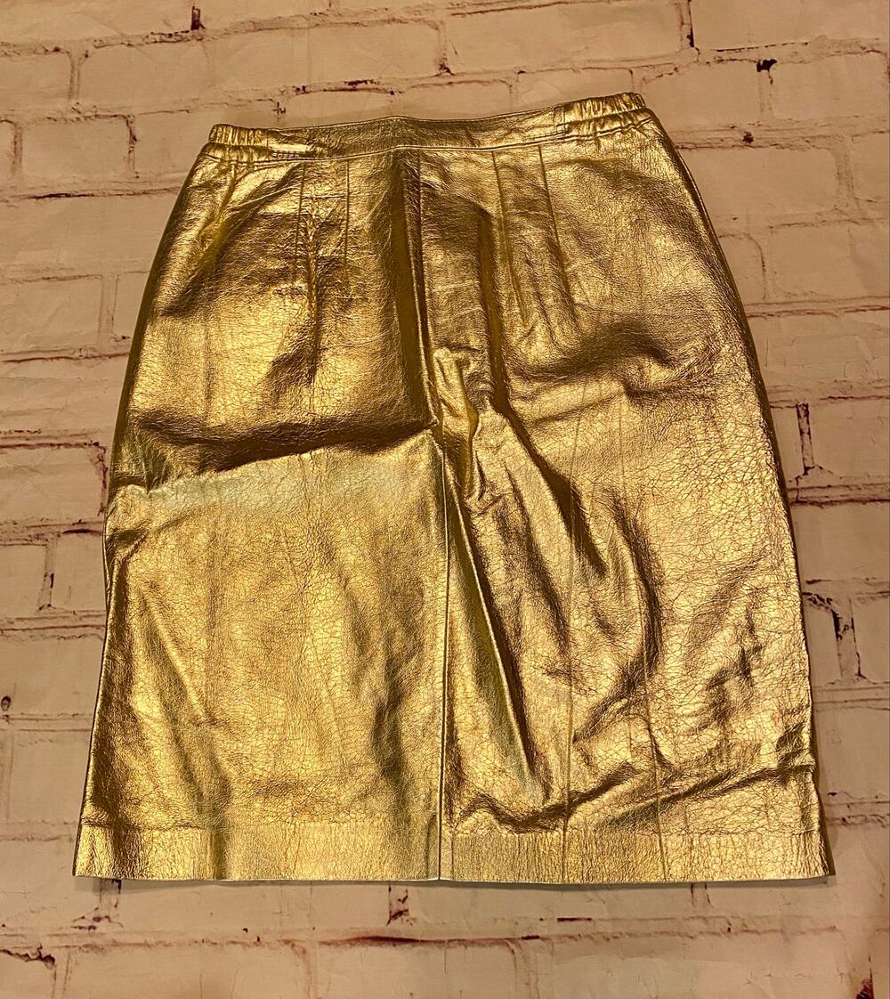 Vintage Metallic Gold Leather Pencil Skirt | Maurada | Made in Korea | Size 10